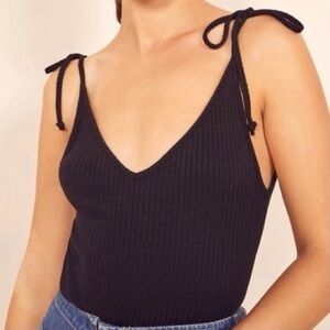Reformation Jeans Black Tie Sleeve Ribbed Tank